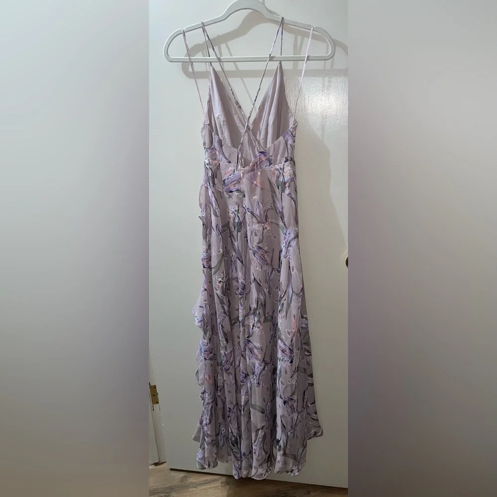 Astr The Label V-Neck Printed Holland Ruffled Cascade Maxi Dress Lilac - Picture 4 of 7